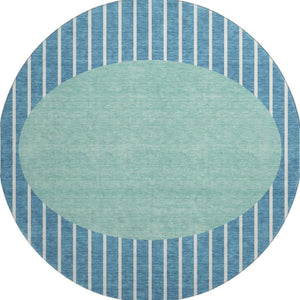 HomeRoots 8' Teal Ivory Aqua Striped Washable Round Rug - UV Protection, Durable, Stylish for Any Space 678326