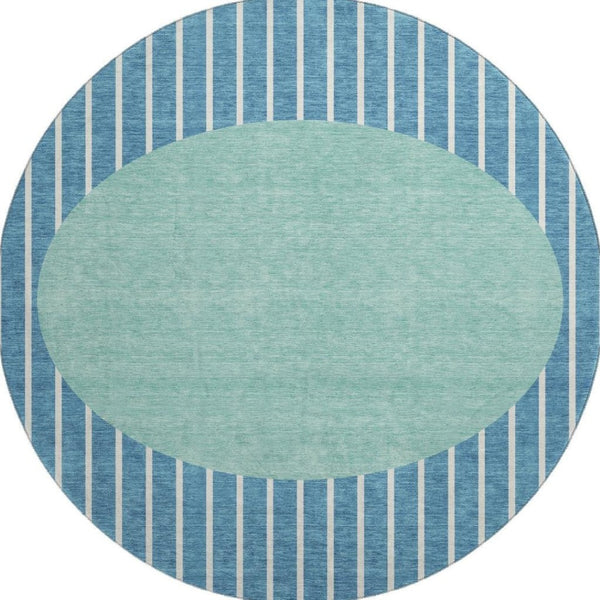 HomeRoots 8' Teal Ivory Aqua Striped Washable Round Rug - UV Protection, Durable, Stylish for Any Space 678326