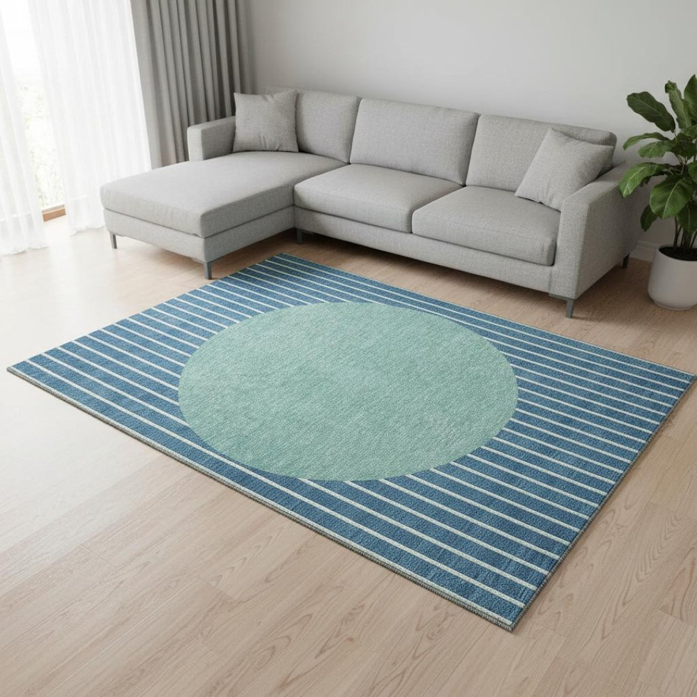 HomeRoots 8' X 10' Coastal Teal Ivory Aqua Striped Washable Area Rug - Stain Resistant & UV Protected! 678327
