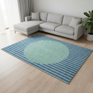 HomeRoots 8' X 10' Coastal Teal Ivory Aqua Striped Washable Area Rug - Stain Resistant & UV Protected! 678327