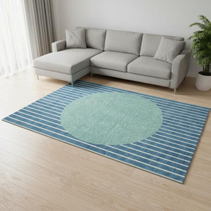 HomeRoots 9' Teal, Ivory & Aqua Striped Washable Area Rug - Durable, UV Protected, Perfect for Family Spaces! 678328