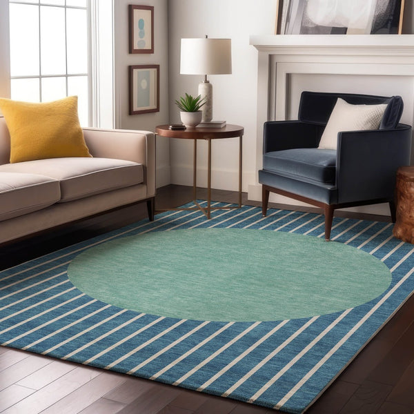 HomeRoots 9' Teal, Ivory & Aqua Striped Washable Area Rug - Durable, UV Protected, Perfect for Family Spaces! 678328