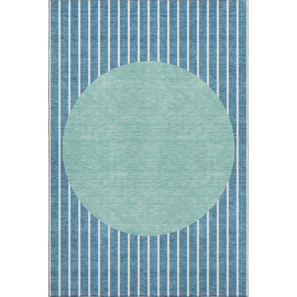 HomeRoots 9' Teal, Ivory & Aqua Striped Washable Area Rug - Durable, UV Protected, Perfect for Family Spaces! 678328