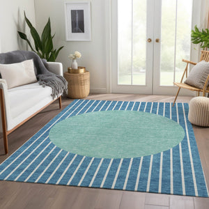 HomeRoots 9' Teal, Ivory & Aqua Striped Washable Area Rug - Durable, UV Protected, Perfect for Family Spaces! 678328