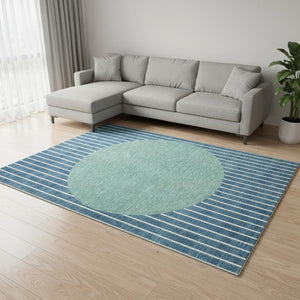 HomeRoots 10' X 14' Teal Ivory Aqua Striped Washable Area Rug - UV Protected, Stylish, Durable for Busy Homes 678329
