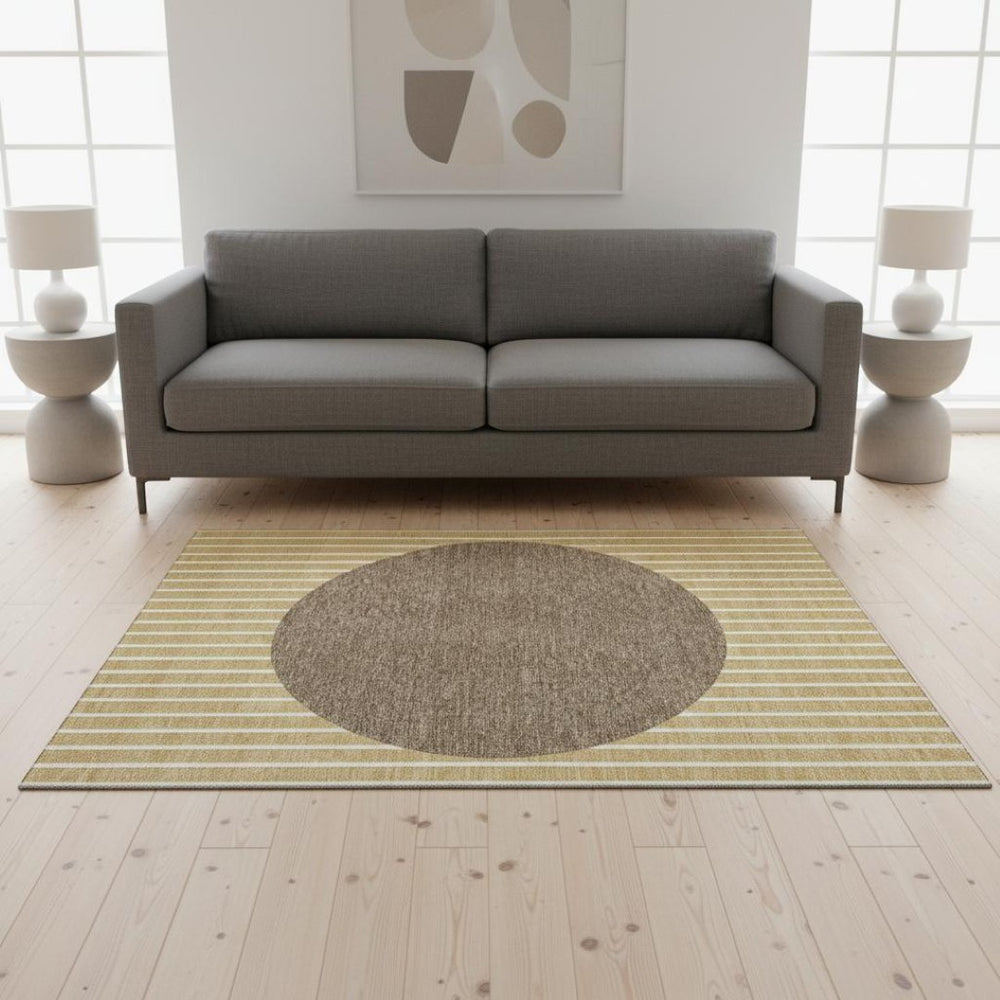 HomeRoots 5' X 8' Wheat Ivory and Brown Striped Area Rug – Durable, Washable, UV Protected for Easy Care 678331
