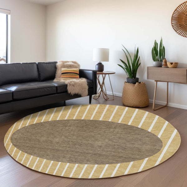 HomeRoots 8' Washable Round Rug in Wheat, Ivory & Brown - UV Protected, Stain Resistant, Ideal for Homes 678332