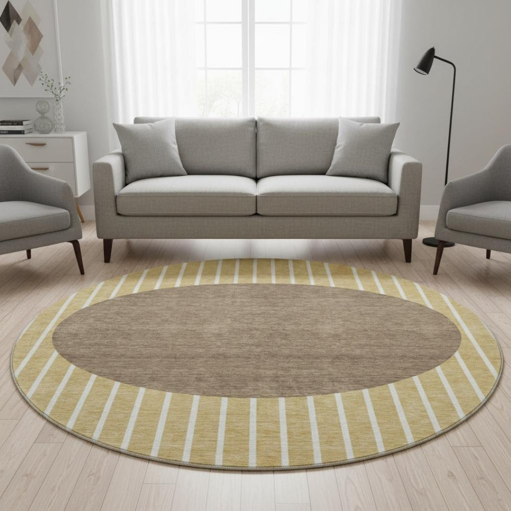 HomeRoots 8' Washable Round Rug in Wheat, Ivory & Brown - UV Protected, Stain Resistant, Ideal for Homes 678332