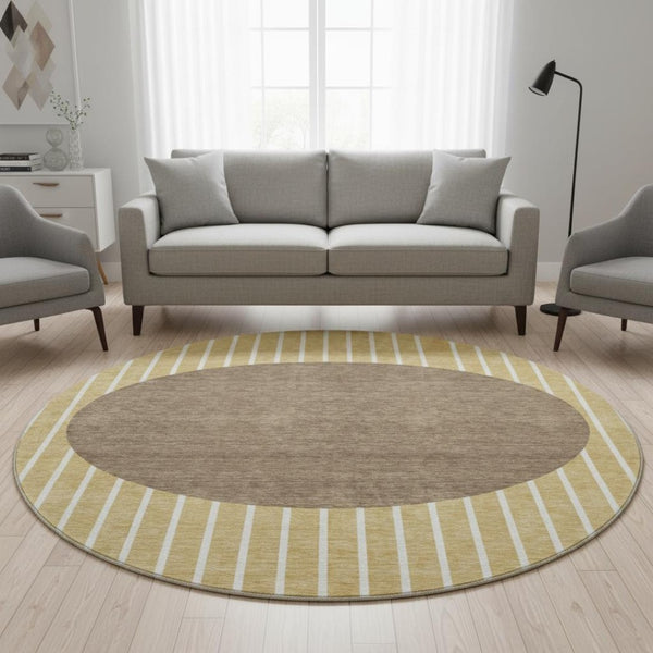 HomeRoots 8' Washable Round Rug in Wheat, Ivory & Brown - UV Protected, Stain Resistant, Ideal for Homes 678332