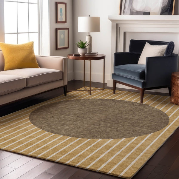HomeRoots 9' X 12' Striped Washable Area Rug in Wheat, Ivory & Brown - UV Protected, Durable & Easy Care! 678334