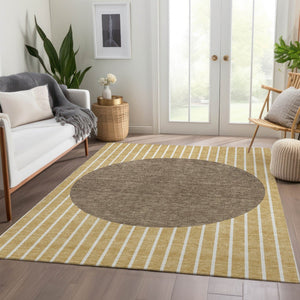 HomeRoots 9' X 12' Striped Washable Area Rug in Wheat, Ivory & Brown - UV Protected, Durable & Easy Care! 678334