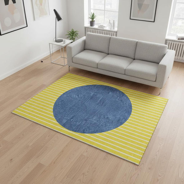 HomeRoots 5' X 8' Washable Striped Area Rug - Vibrant Yellow, Ivory & Blue with UV Protection for Durability 678337