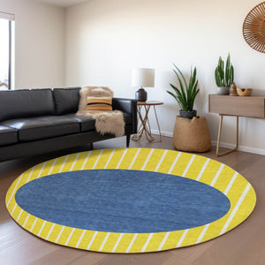 HomeRoots 8' Washable Round Rug with UV Protection – Yellow, Ivory & Blue Stripes for Easy Care & Style 678338