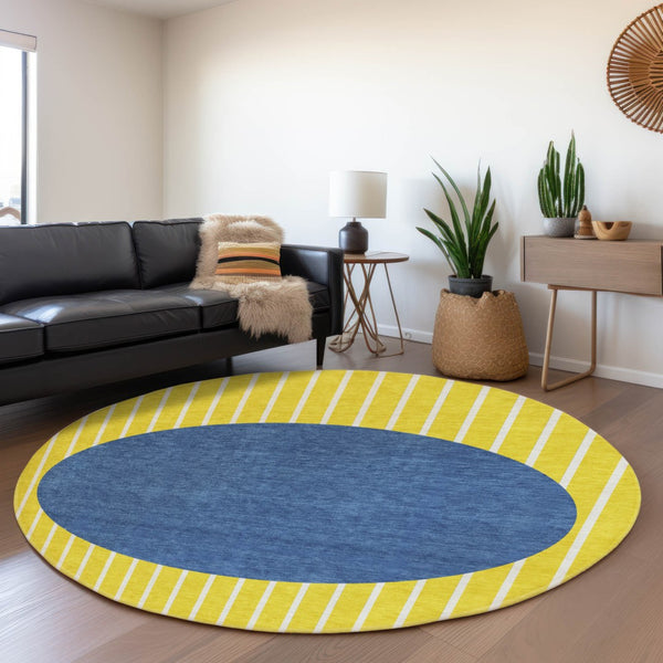 HomeRoots 8' Washable Round Rug with UV Protection – Yellow, Ivory & Blue Stripes for Easy Care & Style 678338