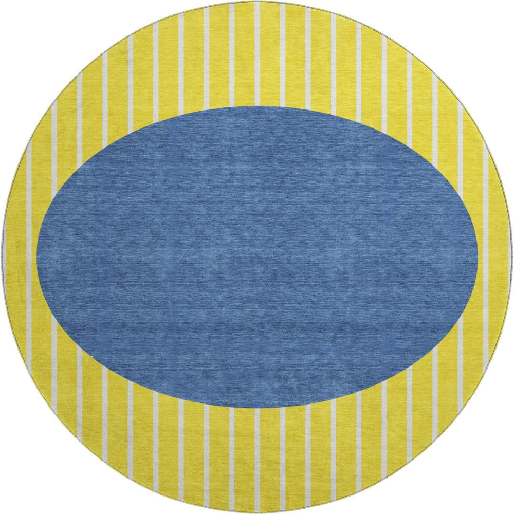 HomeRoots 8' Washable Round Rug with UV Protection – Yellow, Ivory & Blue Stripes for Easy Care & Style 678338