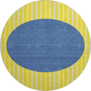 HomeRoots 8' Washable Round Rug with UV Protection – Yellow, Ivory & Blue Stripes for Easy Care & Style 678338