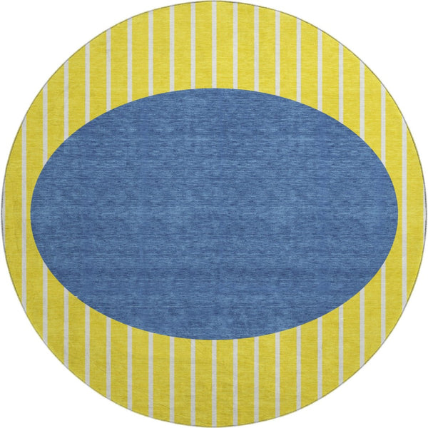 HomeRoots 8' Washable Round Rug with UV Protection – Yellow, Ivory & Blue Stripes for Easy Care & Style 678338