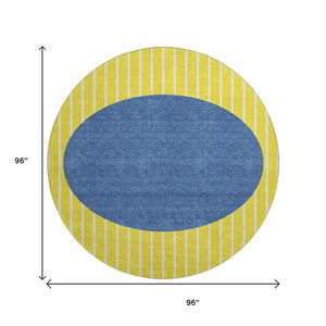 HomeRoots 8' Washable Round Rug with UV Protection – Yellow, Ivory & Blue Stripes for Easy Care & Style 678338