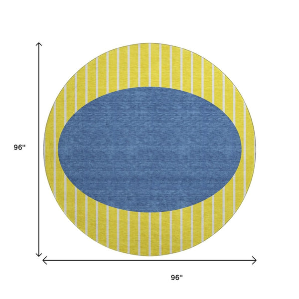 HomeRoots 8' Washable Round Rug with UV Protection – Yellow, Ivory & Blue Stripes for Easy Care & Style 678338