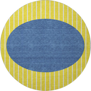 HomeRoots 8' Washable Round Rug with UV Protection – Yellow, Ivory & Blue Stripes for Easy Care & Style 678338
