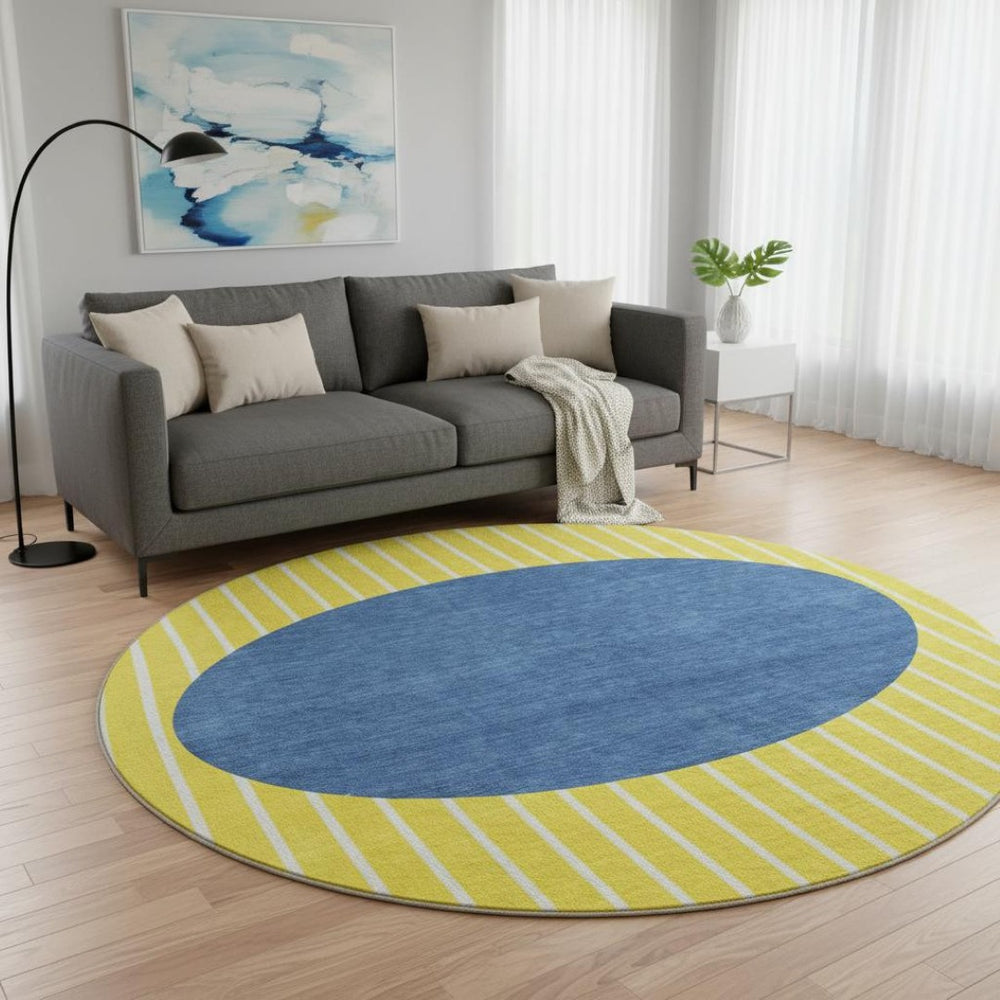 HomeRoots 8' Washable Round Rug with UV Protection – Yellow, Ivory & Blue Stripes for Easy Care & Style 678338