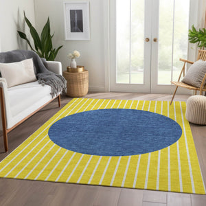 HomeRoots 9' X 12' Striped Washable Area Rug in Yellow, Ivory & Blue - Durable, UV-Protected & Family-Friendly! 678340