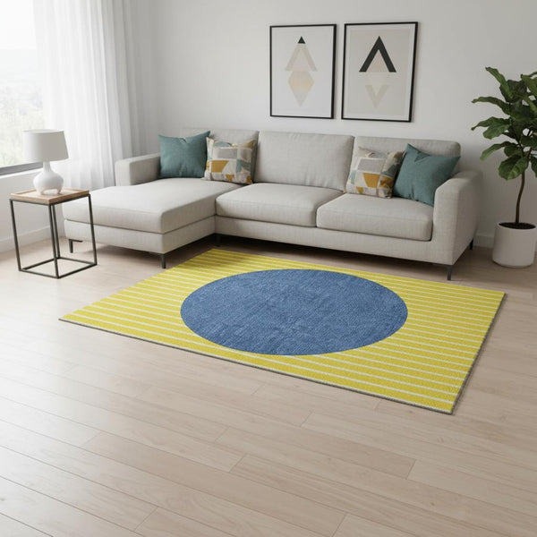 HomeRoots 10' Yellow Ivory & Blue Striped Washable Area Rug - Durable, UV-Protected & Stain-Resistant Design! 678341
