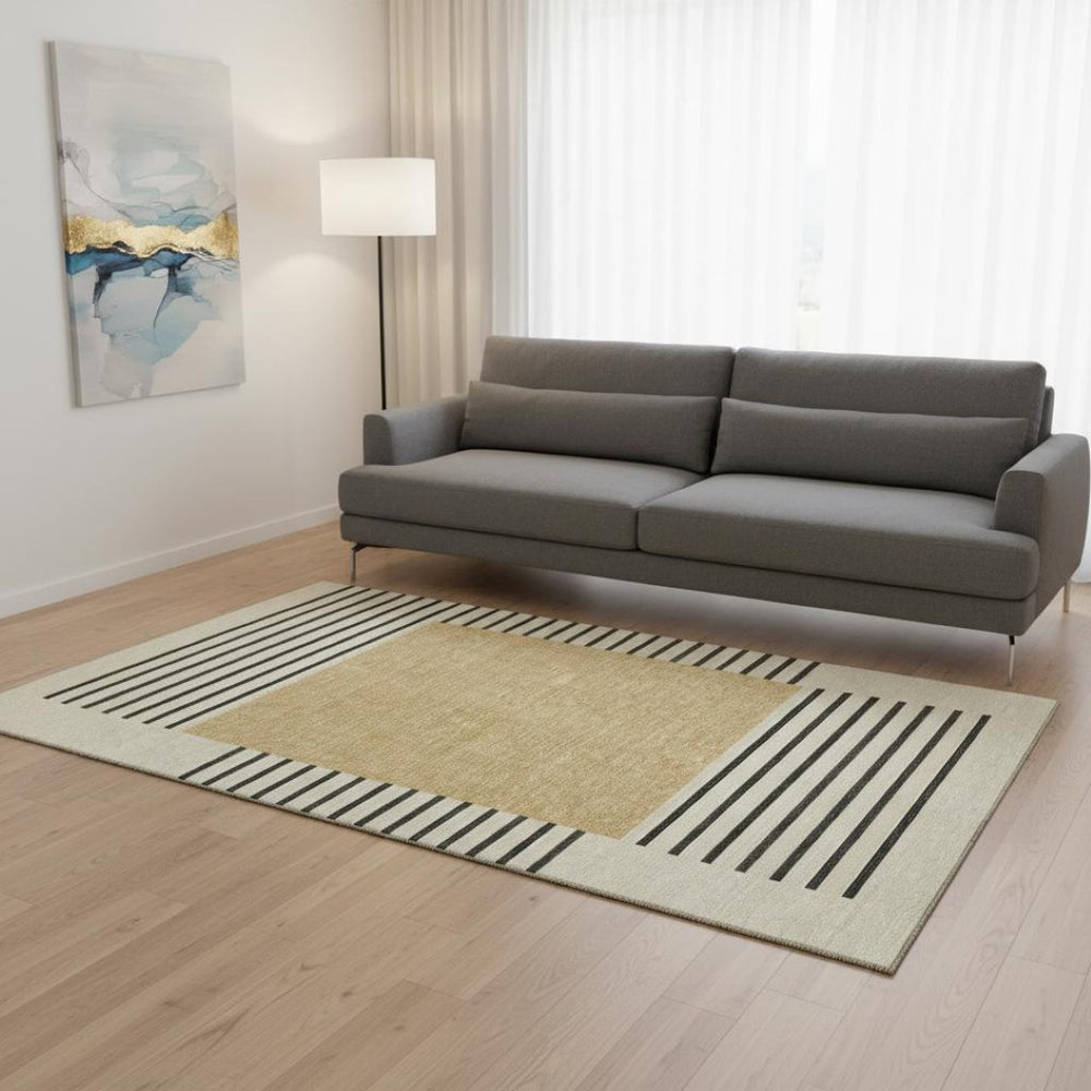 HomeRoots 5' Gold Ivory Black Striped Area Rug - Washable, UV Protected & Perfect for High Traffic Homes! 678343