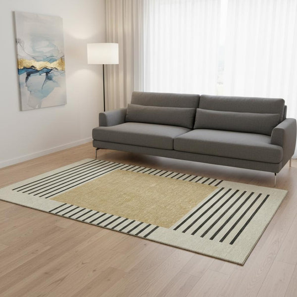 HomeRoots 5' Gold Ivory Black Striped Area Rug - Washable, UV Protected & Perfect for High Traffic Homes! 678343