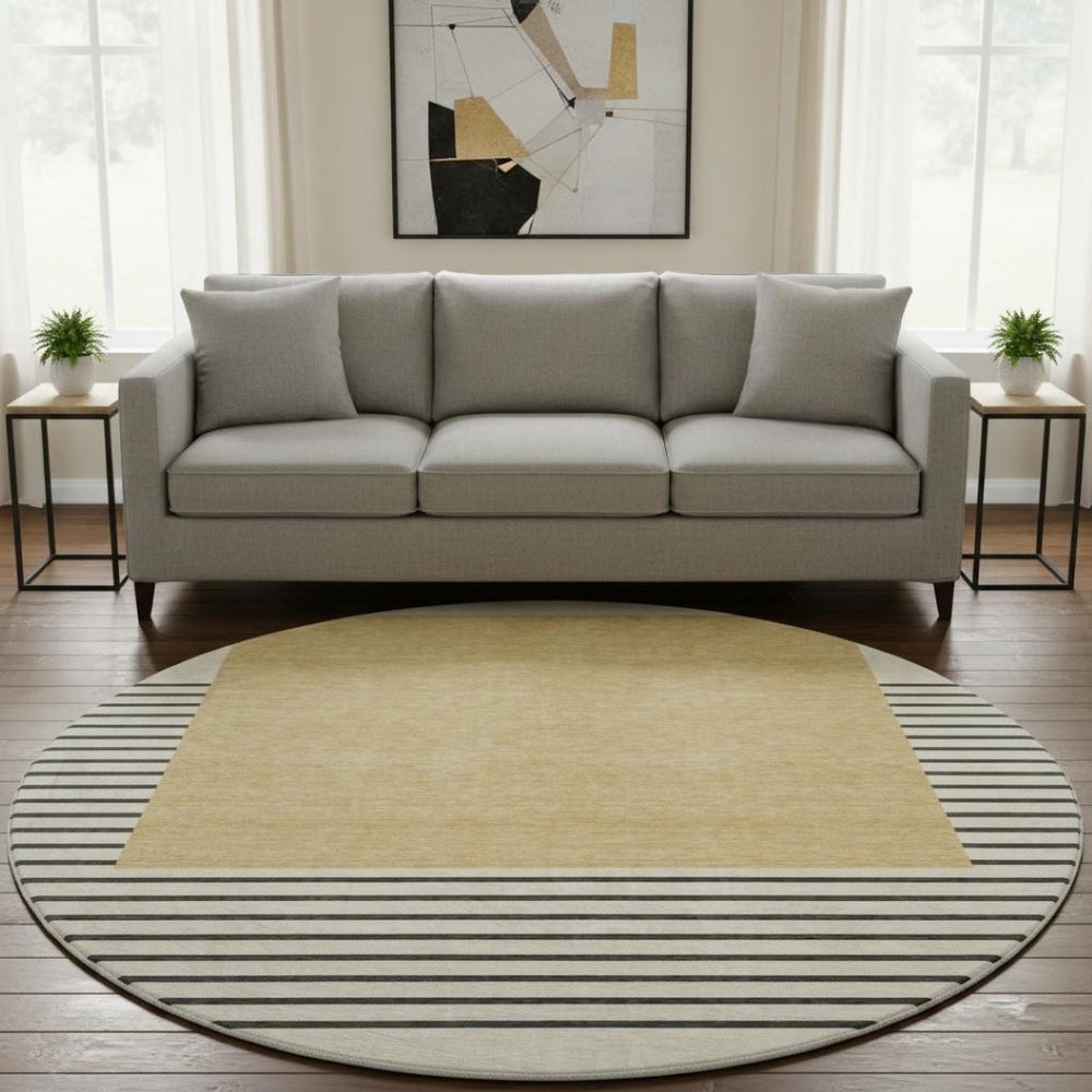 HomeRoots 8' Stylish Gold, Ivory & Black Striped Washable Round Rug with UV Protection for Busy Homes 678344