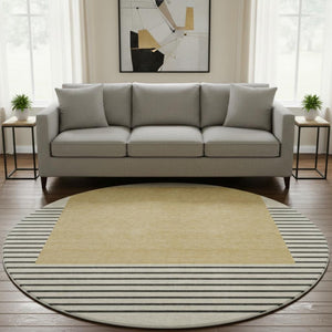 HomeRoots 8' Stylish Gold, Ivory & Black Striped Washable Round Rug with UV Protection for Busy Homes 678344