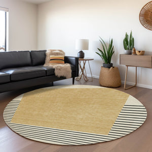 HomeRoots 8' Stylish Gold, Ivory & Black Striped Washable Round Rug with UV Protection for Busy Homes 678344