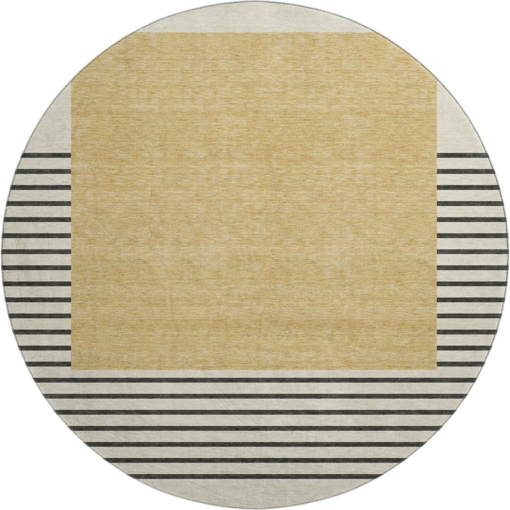 HomeRoots 8' Stylish Gold, Ivory & Black Striped Washable Round Rug with UV Protection for Busy Homes 678344