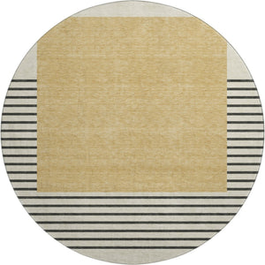 HomeRoots 8' Stylish Gold, Ivory & Black Striped Washable Round Rug with UV Protection for Busy Homes 678344