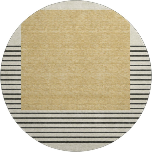 HomeRoots 8' Stylish Gold, Ivory & Black Striped Washable Round Rug with UV Protection for Busy Homes 678344
