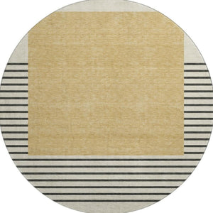 HomeRoots 8' Stylish Gold, Ivory & Black Striped Washable Round Rug with UV Protection for Busy Homes 678344