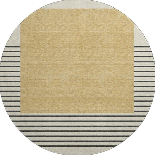 HomeRoots 8' Stylish Gold, Ivory & Black Striped Washable Round Rug with UV Protection for Busy Homes 678344