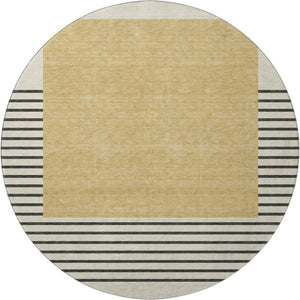 HomeRoots 8' Stylish Gold, Ivory & Black Striped Washable Round Rug with UV Protection for Busy Homes 678344