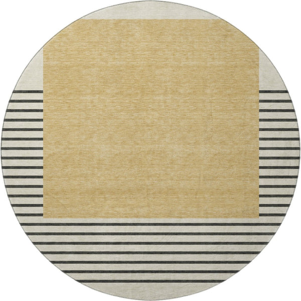 HomeRoots 8' Stylish Gold, Ivory & Black Striped Washable Round Rug with UV Protection for Busy Homes 678344