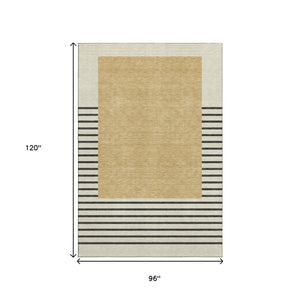 HomeRoots 8' X 10' Striped Washable Area Rug in Gold, Ivory & Black - UV Protected, Stain Resistant Design! 678345
