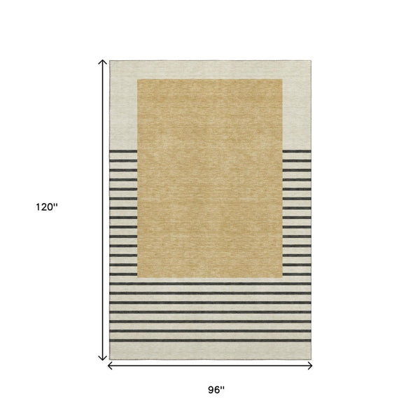 HomeRoots 8' X 10' Striped Washable Area Rug in Gold, Ivory & Black - UV Protected, Stain Resistant Design! 678345