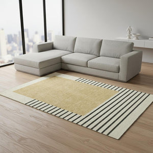 HomeRoots 8' X 10' Striped Washable Area Rug in Gold, Ivory & Black - UV Protected, Stain Resistant Design! 678345