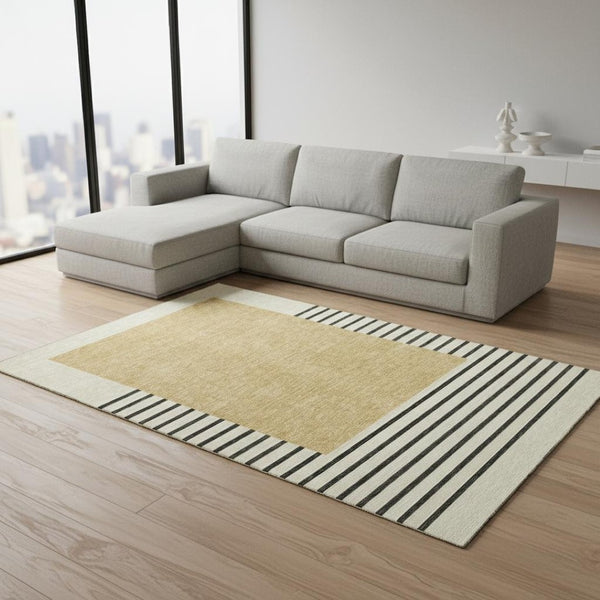 HomeRoots 8' X 10' Striped Washable Area Rug in Gold, Ivory & Black - UV Protected, Stain Resistant Design! 678345