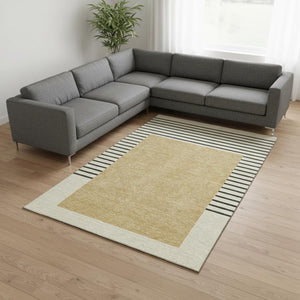 HomeRoots 9' X 12' Striped Washable Area Rug in Gold, Ivory & Black – Durable, UV-Protected for Busy Homes 678346