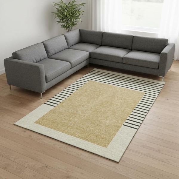 HomeRoots 9' X 12' Striped Washable Area Rug in Gold, Ivory & Black – Durable, UV-Protected for Busy Homes 678346
