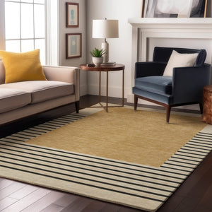 HomeRoots 9' X 12' Striped Washable Area Rug in Gold, Ivory & Black – Durable, UV-Protected for Busy Homes 678346