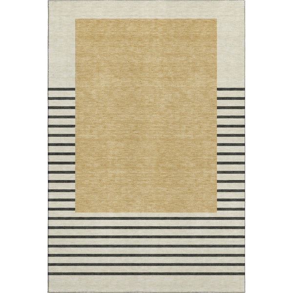 HomeRoots 9' X 12' Striped Washable Area Rug in Gold, Ivory & Black – Durable, UV-Protected for Busy Homes 678346