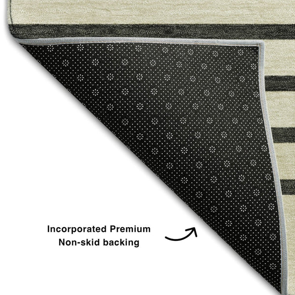 HomeRoots 9' X 12' Striped Washable Area Rug in Gold, Ivory & Black – Durable, UV-Protected for Busy Homes 678346