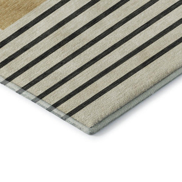HomeRoots 9' X 12' Striped Washable Area Rug in Gold, Ivory & Black – Durable, UV-Protected for Busy Homes 678346