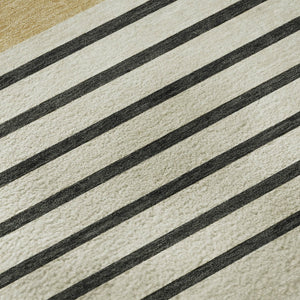 HomeRoots 9' X 12' Striped Washable Area Rug in Gold, Ivory & Black – Durable, UV-Protected for Busy Homes 678346